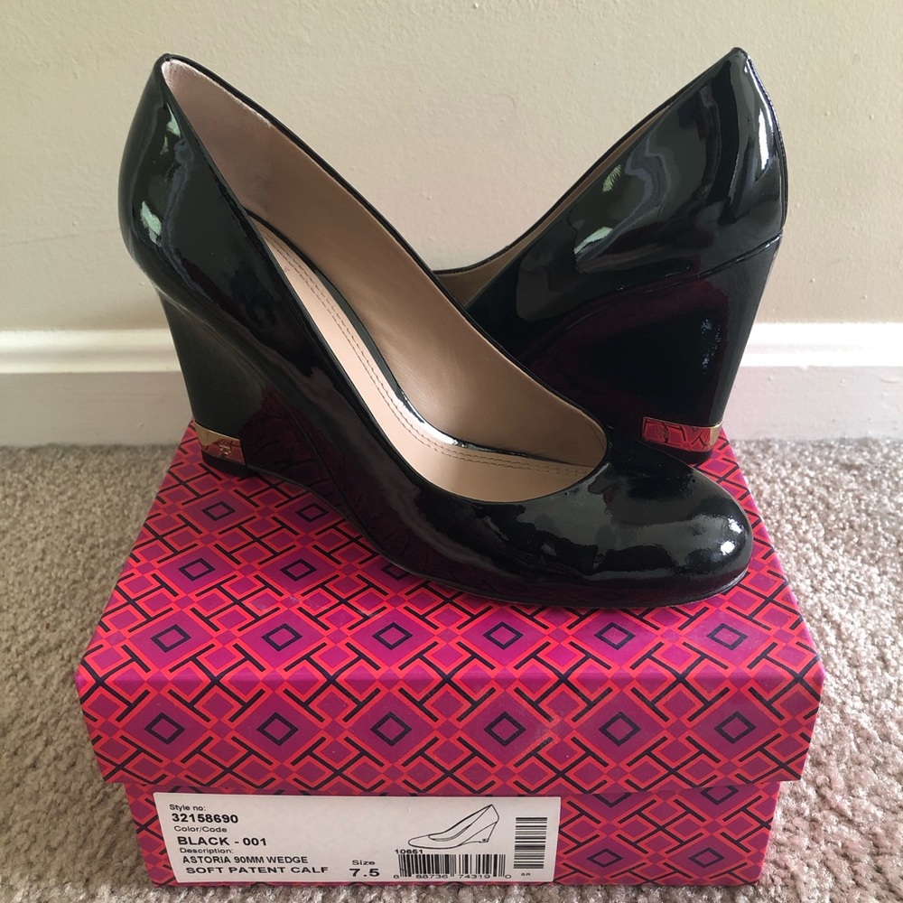 Tory Burch Black Patent Leather Wedge Pumps